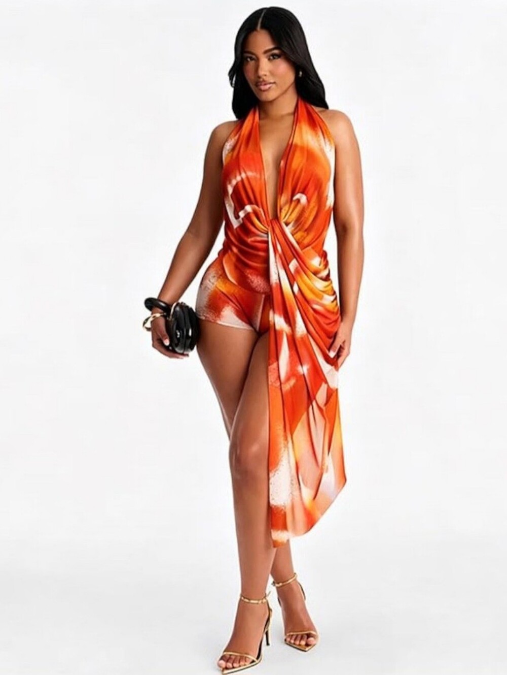 New Women’s Small Sexy Orange Red Mesh Halter Romper Jumpsuit